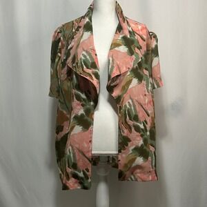 Ming Hin Floral Draped‎ Open Front Short Sleeve Blouse Top Women's